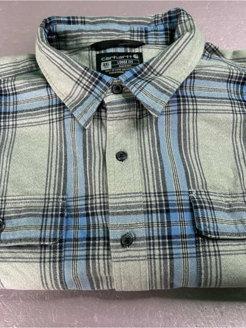 Carhartt 3XL tall Men’s Loose Fit Blue and Gray Plaid Button-Up Shirt